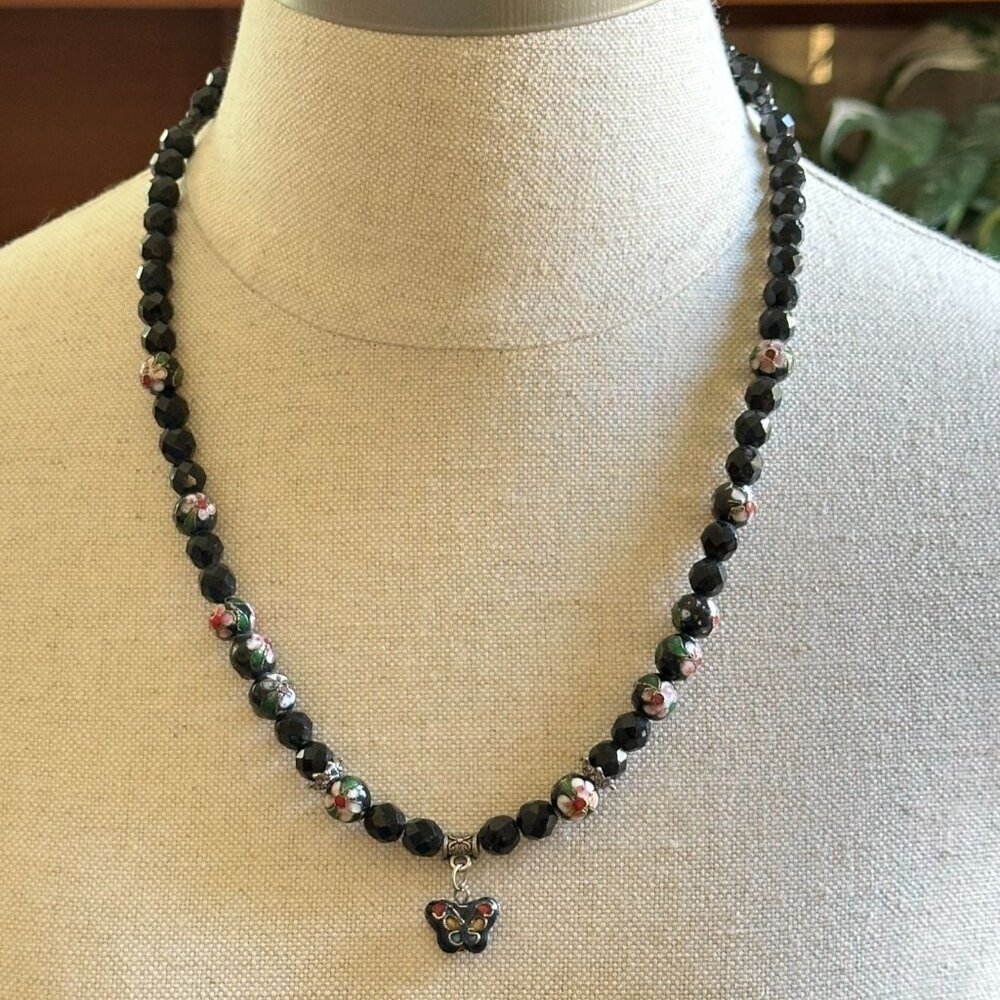 Black Faceted Glass Bead Necklace With Cloisonne Accent Beads & Butterfly Pendan